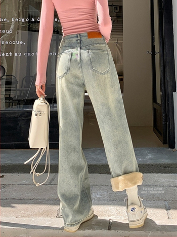 Τζιν από ντένιμ με επένδυση φλις, ίσια γραμμή, casual ιαπωνο-κορεατικό στυλ, 80–90% βαμβάκι, Χειμερινή έκδοση 2023
