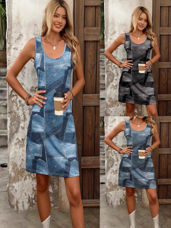 Ujjatlan ruha, kerek nyakú, 3D hatású nyomtatás, A-vonalú midi hossz, poliészter anyag