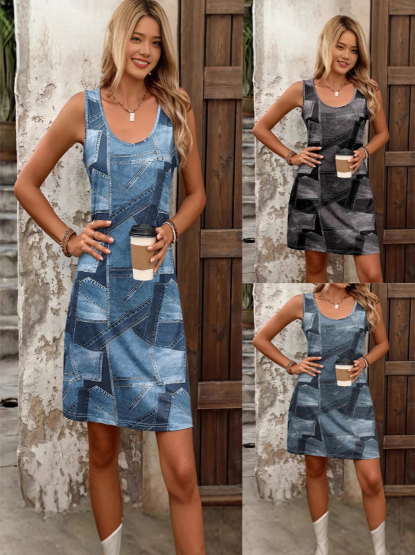 Ujjatlan ruha, kerek nyakú, 3D hatású nyomtatás, A-vonalú midi hossz, poliészter anyag