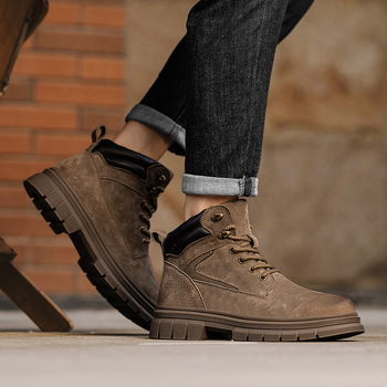 Ανδρικά μποτάκια Martin Aowang, επάνω μέρος από γνήσιο δέρμα, σόλα από καουτσούκ, χειμερινή έκδοση 2024, μπροστινό κορδόνι, στρογγυλός δάχτυλο