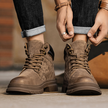 Ανδρικά μποτάκια Martin Aowang, επάνω μέρος από γνήσιο δέρμα, σόλα από καουτσούκ, χειμερινή έκδοση 2024, μπροστινό κορδόνι, στρογγυλός δάχτυλο