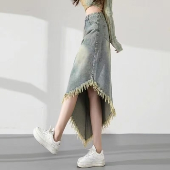 Τζιν φούστα σε γραμμή Α με τριμμένη άκρη, υψηλή μέση, μεσαίου μήκους, βαμβάκι