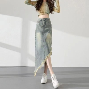 Τζιν φούστα σε γραμμή Α με τριμμένη άκρη, υψηλή μέση, μεσαίου μήκους, βαμβάκι