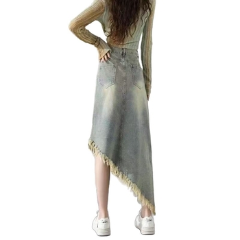 Τζιν φούστα σε γραμμή Α με τριμμένη άκρη, υψηλή μέση, μεσαίου μήκους, βαμβάκι