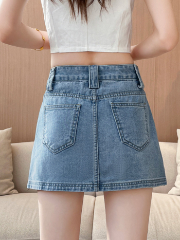 Φούστα τζιν γραμμής Α με επένδυση, ψηλή μέση, ελαστικότητα, μπροστινή σχισμή, σχέδιο κολλάζ