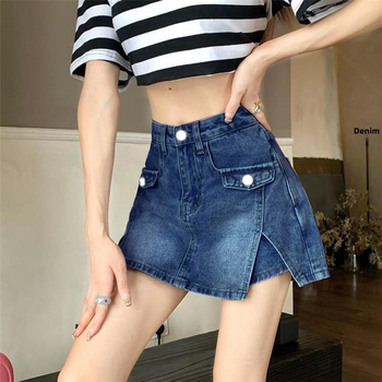 Γυναικείες denim φούστα-παντελόνι με Α-γραμμή, street-hipster στυλ, βαμβάκι 50–70%, κουμπιά και φερμουάρ