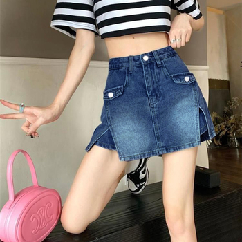 Γυναικείες denim φούστα-παντελόνι με Α-γραμμή, street-hipster στυλ, βαμβάκι 50–70%, κουμπιά και φερμουάρ