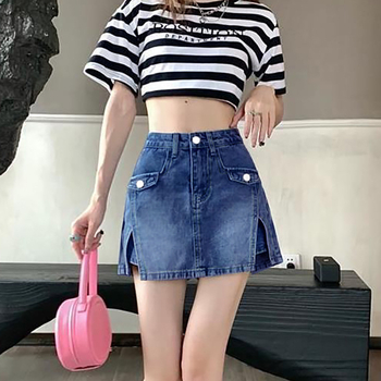 Γυναικείες denim φούστα-παντελόνι με Α-γραμμή, street-hipster στυλ, βαμβάκι 50–70%, κουμπιά και φερμουάρ