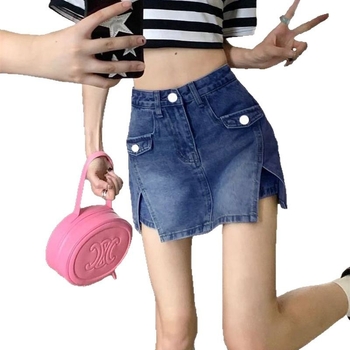 Γυναικείες denim φούστα-παντελόνι με Α-γραμμή, street-hipster στυλ, βαμβάκι 50–70%, κουμπιά και φερμουάρ