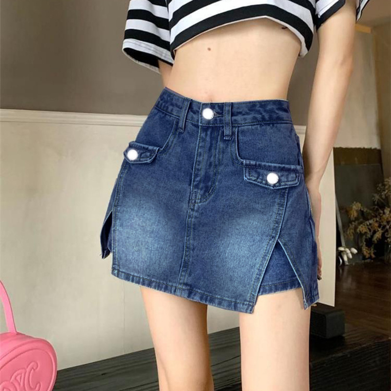 Ženske denim hlače-suknja s A‑linijom, street-hipster stil, pamuk 50–70%, gumbe i zatvarači