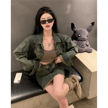 Σετ τζιν γυναικών με φθαρμένο τζάκετ από ντένιμ και wide-leg τζιν με υψηλή Μέση, άνοιξη 2024, αστικός στυλ