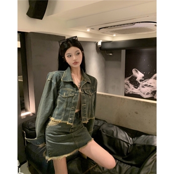 Σετ τζιν γυναικών με φθαρμένο τζάκετ από ντένιμ και wide-leg τζιν με υψηλή Μέση, άνοιξη 2024, αστικός στυλ