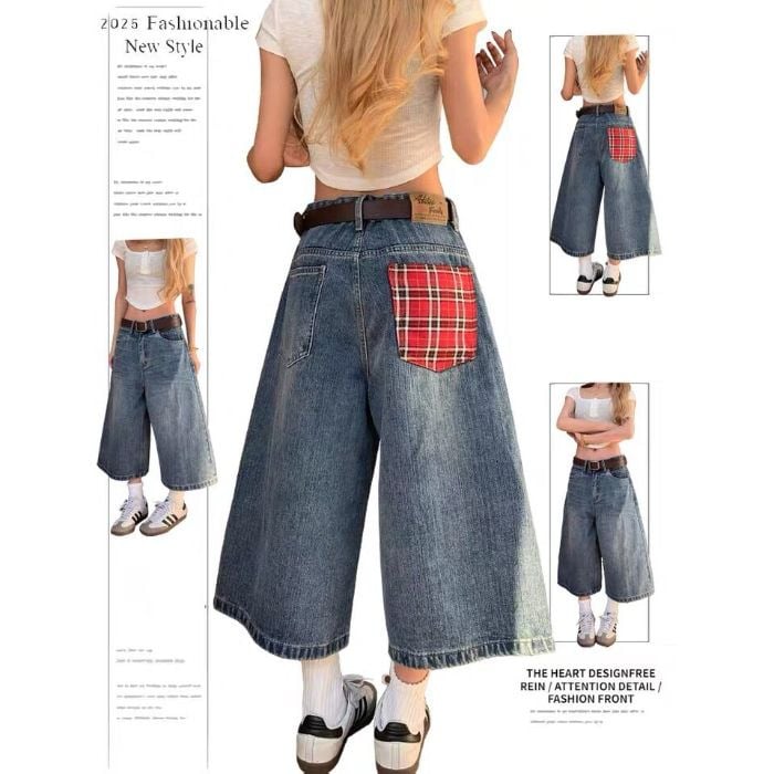 Moteriški džinsai su aukštu juosmeniu, platūs keliai, penkių dalių ilgis, spandekso audinys, pavasaris 2025