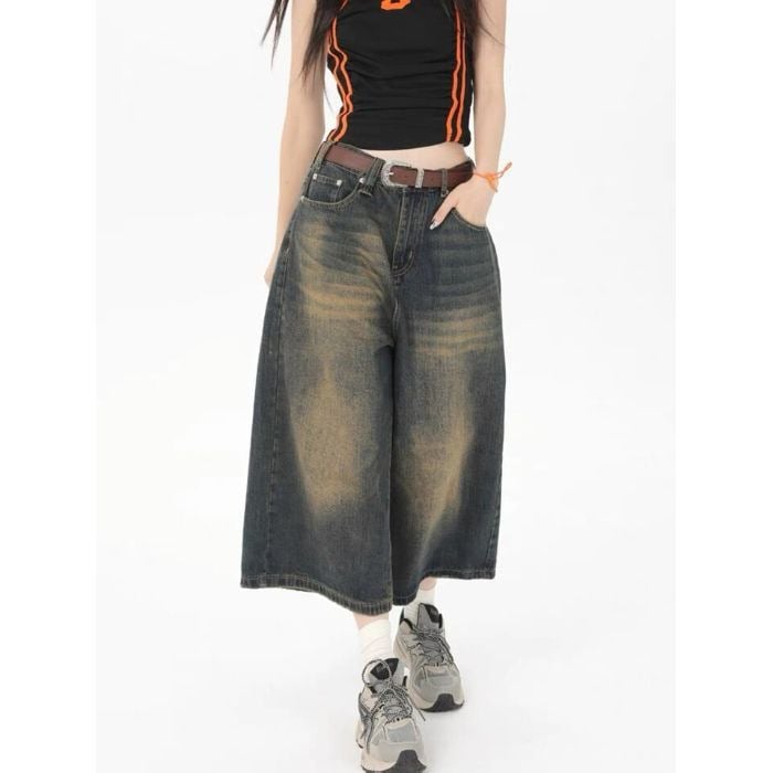 Moteriški džinsai su aukštu juosmeniu, platūs keliai, penkių dalių ilgis, spandekso audinys, pavasaris 2025