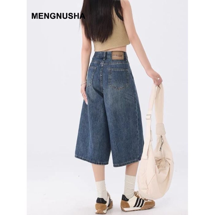 Moteriški džinsai su aukštu juosmeniu, platūs keliai, penkių dalių ilgis, spandekso audinys, pavasaris 2025