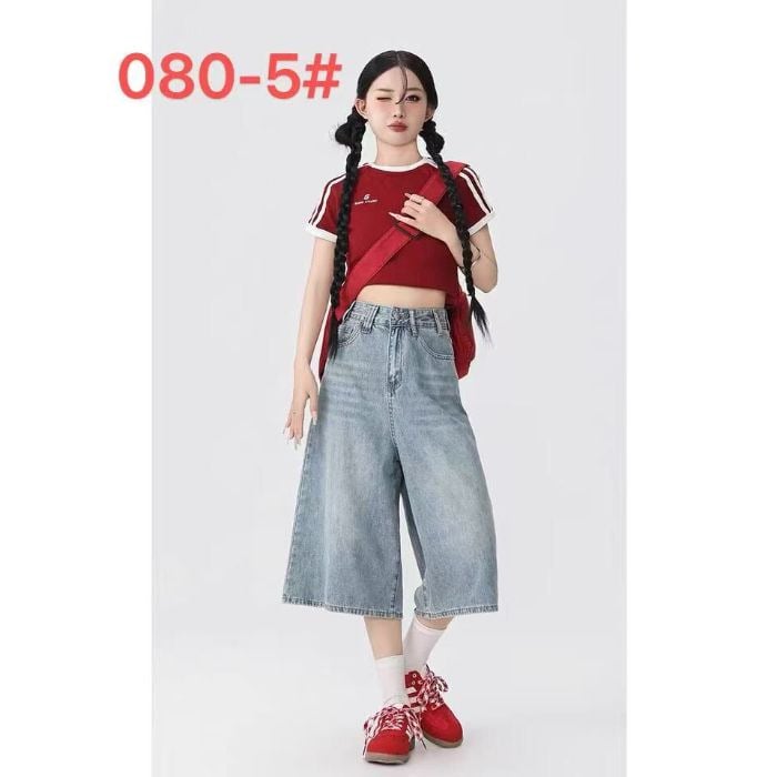 Moteriški džinsai su aukštu juosmeniu, platūs keliai, penkių dalių ilgis, spandekso audinys, pavasaris 2025