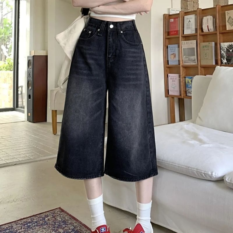 Moteriški džinsai su aukštu juosmeniu, platūs keliai, penkių dalių ilgis, spandekso audinys, pavasaris 2025