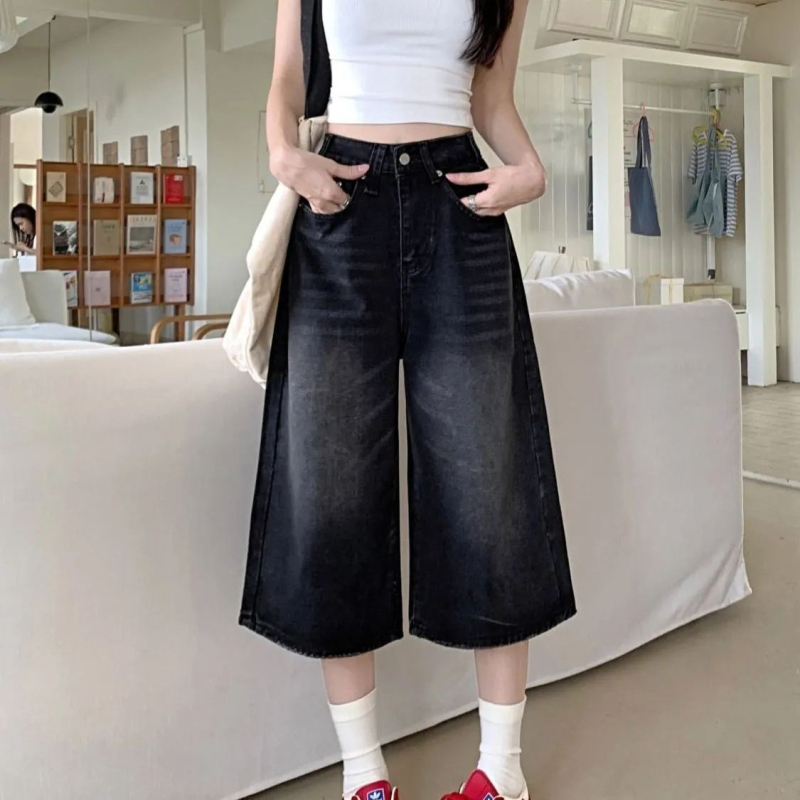 Moteriški džinsai su aukštu juosmeniu, platūs keliai, penkių dalių ilgis, spandekso audinys, pavasaris 2025