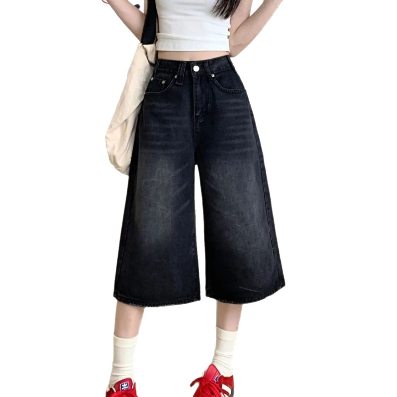 Moteriški džinsai su aukštu juosmeniu, platūs keliai, penkių dalių ilgis, spandekso audinys, pavasaris 2025