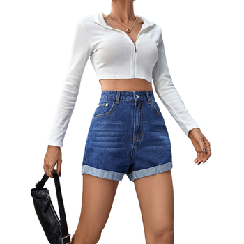 Džinsiniai šortai su aukšta juosmeniu, tiesi siluetu, panelių dizainas, 3/4 ilgio