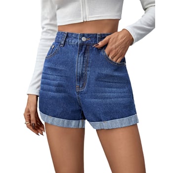 Džinsiniai šortai su aukšta juosmeniu, tiesi siluetu, panelių dizainas, 3/4 ilgio