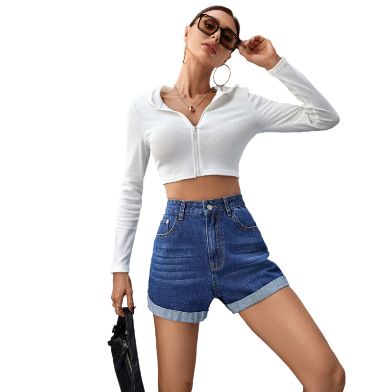 Džinsiniai šortai su aukšta juosmeniu, tiesi siluetu, panelių dizainas, 3/4 ilgio