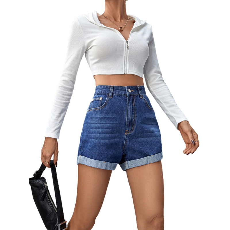 Džinsiniai šortai su aukšta juosmeniu, tiesi siluetu, panelių dizainas, 3/4 ilgio