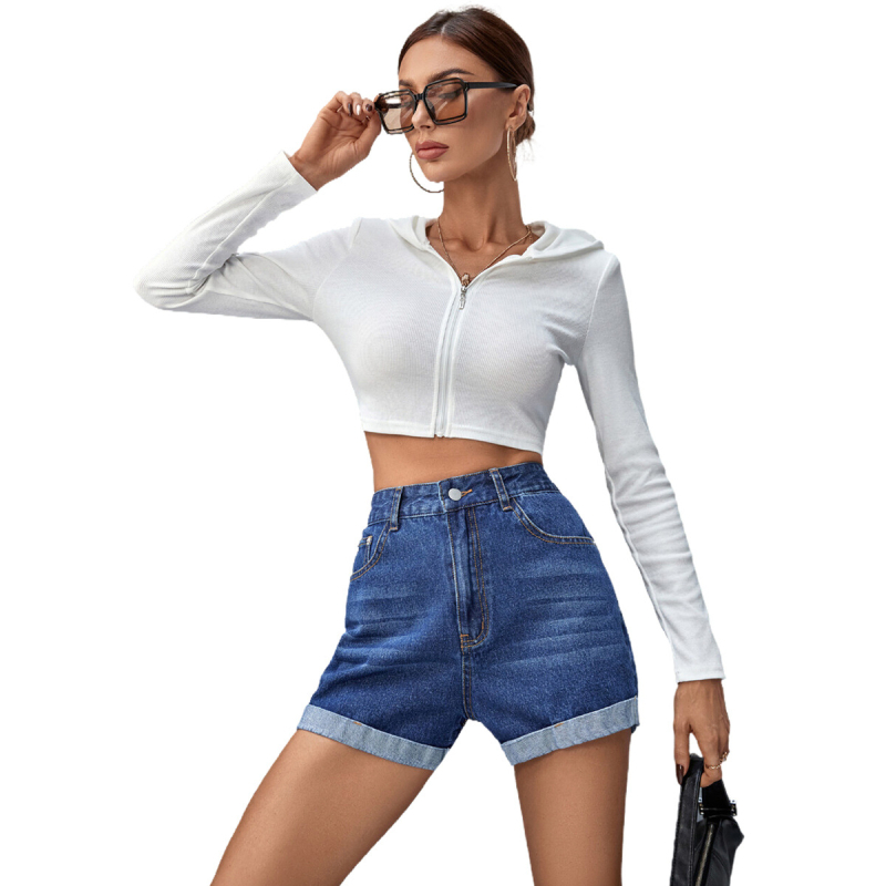 Džinsiniai šortai su aukšta juosmeniu, tiesi siluetu, panelių dizainas, 3/4 ilgio