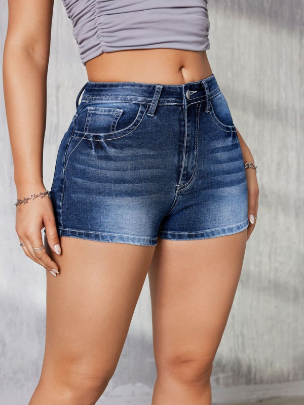 Moterų džinsiniai šortai su siuvinėjimais, vidutinio juosmens, trumpas ilgis, džinso audinys, medvilnė 70-80% + poliesteris <30%