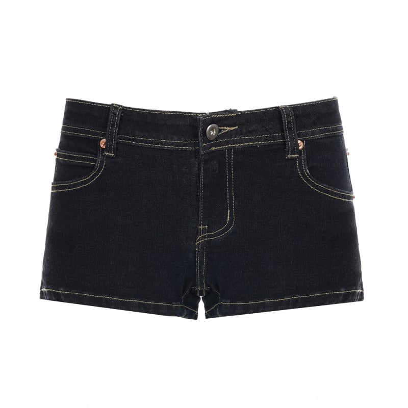 Džinsiniai šortai su žemu juosmeniu, trumpas hot pants ilgis, 70–80% medvilnė, koliažo siuvimas, gatvės hipster stilius