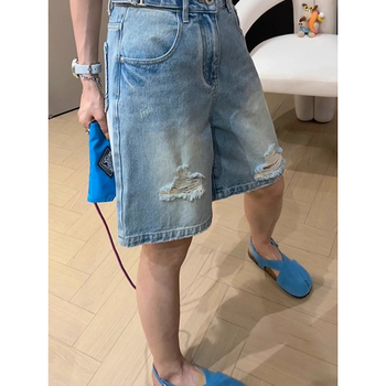 Moterų džinsiniai šortai su aukšta talia, penkių ilgių, Harajuku tiesus kirpimas, japonų-korejų laisvalaikio stilius, vidutinio svorio džinsai, poliesterio dalis mažiau nei 30%, be išsitempimo