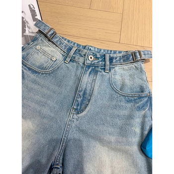 Moterų džinsiniai šortai su aukšta talia, penkių ilgių, Harajuku tiesus kirpimas, japonų-korejų laisvalaikio stilius, vidutinio svorio džinsai, poliesterio dalis mažiau nei 30%, be išsitempimo