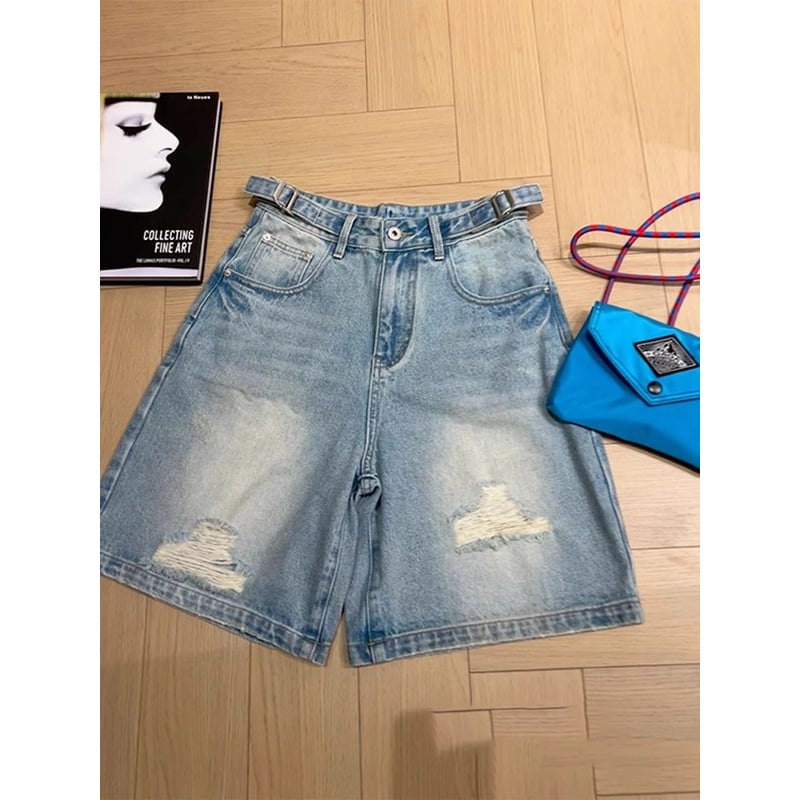 Moterų džinsiniai šortai su aukšta talia, penkių ilgių, Harajuku tiesus kirpimas, japonų-korejų laisvalaikio stilius, vidutinio svorio džinsai, poliesterio dalis mažiau nei 30%, be išsitempimo