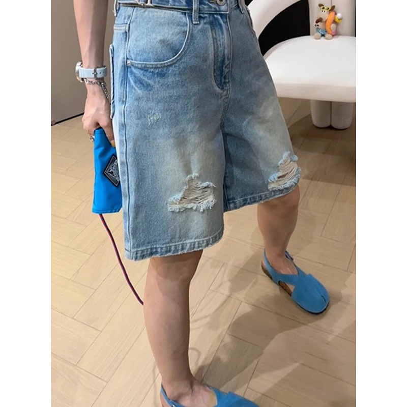 Moterų džinsiniai šortai su aukšta talia, penkių ilgių, Harajuku tiesus kirpimas, japonų-korejų laisvalaikio stilius, vidutinio svorio džinsai, poliesterio dalis mažiau nei 30%, be išsitempimo