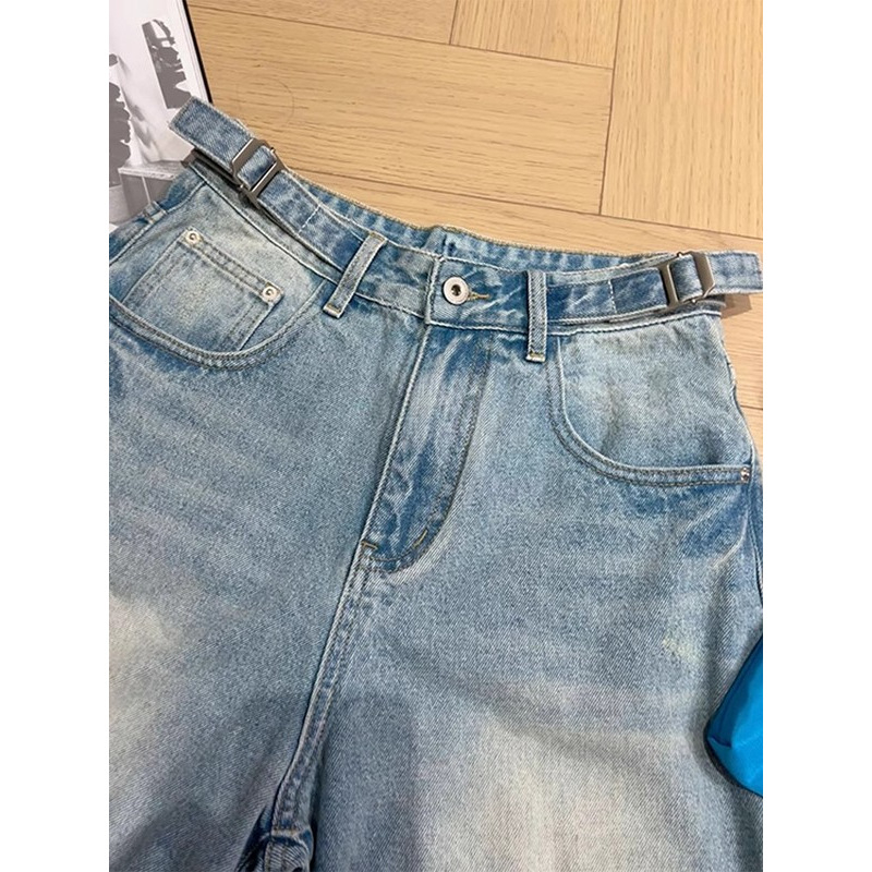 Moterų džinsiniai šortai su aukšta talia, penkių ilgių, Harajuku tiesus kirpimas, japonų-korejų laisvalaikio stilius, vidutinio svorio džinsai, poliesterio dalis mažiau nei 30%, be išsitempimo