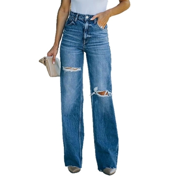 Aukštos juosmens džinsai su plačiomis kojomis, džinsas su 50-70% medvilnės ir 30-50% poliesterio, pavasaris 2025