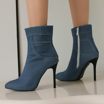 Női rövid bokacsizma denim anyagból, hegyes orrú, vékony sarkú, oldalsó cipzárral, plus méret, téli