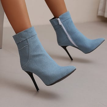 Női rövid bokacsizma denim anyagból, hegyes orrú, vékony sarkú, oldalsó cipzárral, plus méret, téli