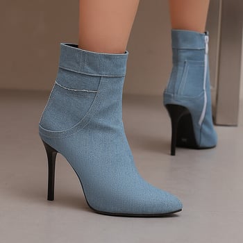 Női rövid bokacsizma denim anyagból, hegyes orrú, vékony sarkú, oldalsó cipzárral, plus méret, téli