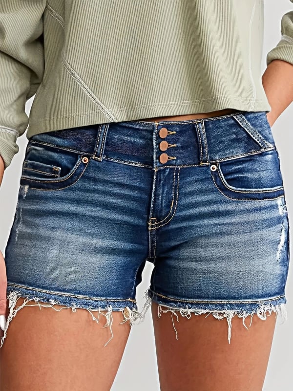 Moteriški džinsiniai šortai su iškirptais kraštais ir išplautu paviršiumi, vidutinio juosmens, medvilnės-elastano džinsas (30–50% elastano), gatvės hipster stilius
