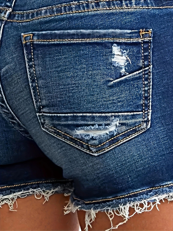 Moteriški džinsiniai šortai su iškirptais kraštais ir išplautu paviršiumi, vidutinio juosmens, medvilnės-elastano džinsas (30–50% elastano), gatvės hipster stilius
