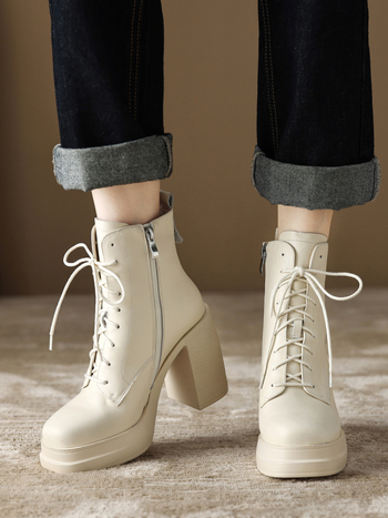Unisex μποτίνια με κορδόνια, φαρδιά σόλα και ψηλό τακούνι – δέρμα από πρώτο στρώμα, ύψος τακουνιού 6–8 cm, άνοιγμα κορυφής 7–11 cm, πλαϊνό φερμουάρ