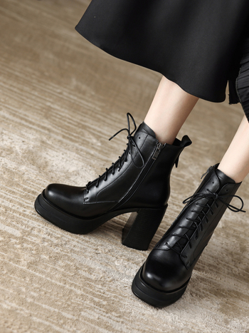 Unisex μποτίνια με κορδόνια, φαρδιά σόλα και ψηλό τακούνι – δέρμα από πρώτο στρώμα, ύψος τακουνιού 6–8 cm, άνοιγμα κορυφής 7–11 cm, πλαϊνό φερμουάρ