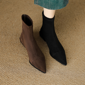 Botine din velur cu fermoar pe spate, unisex, stil coreean, înălțime joasă a gambelor, culoare solidă, fără căptușeală, talpă adezivă (Material: velur; Închidere: fermoar pe spate; Înălțime gambă: joasă; Căptușeală: lipsă; Talpă: adezivă)