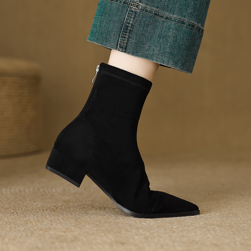 Botine din velur cu fermoar pe spate, unisex, stil coreean, înălțime joasă a gambelor, culoare solidă, fără căptușeală, talpă adezivă (Material: velur; Închidere: fermoar pe spate; Înălțime gambă: joasă; Căptușeală: lipsă; Talpă: adezivă)