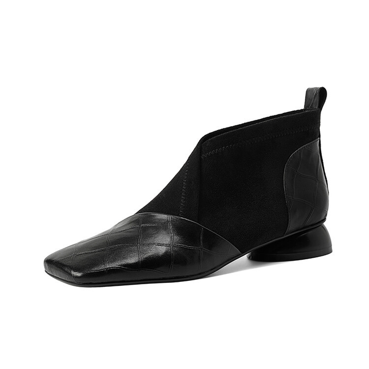 Γυναικεία κοντά μποτάκια σε ρετρώ στυλ, τετράγωνη μύτη, χαμηλό τακούνι 1–3 εκ, ελαστικό βελούδινο επάνω μέρος