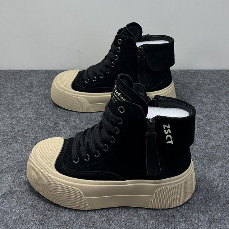 Pantofi sport femei înalți cu căptușeală din blană, model color-block, vârf rotund, talpă groasă din cauciuc, branț PU