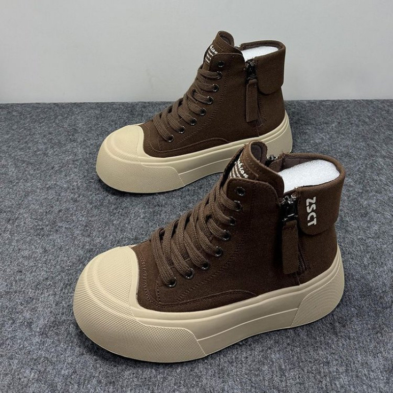 Pantofi sport femei înalți cu căptușeală din blană, model color-block, vârf rotund, talpă groasă din cauciuc, branț PU