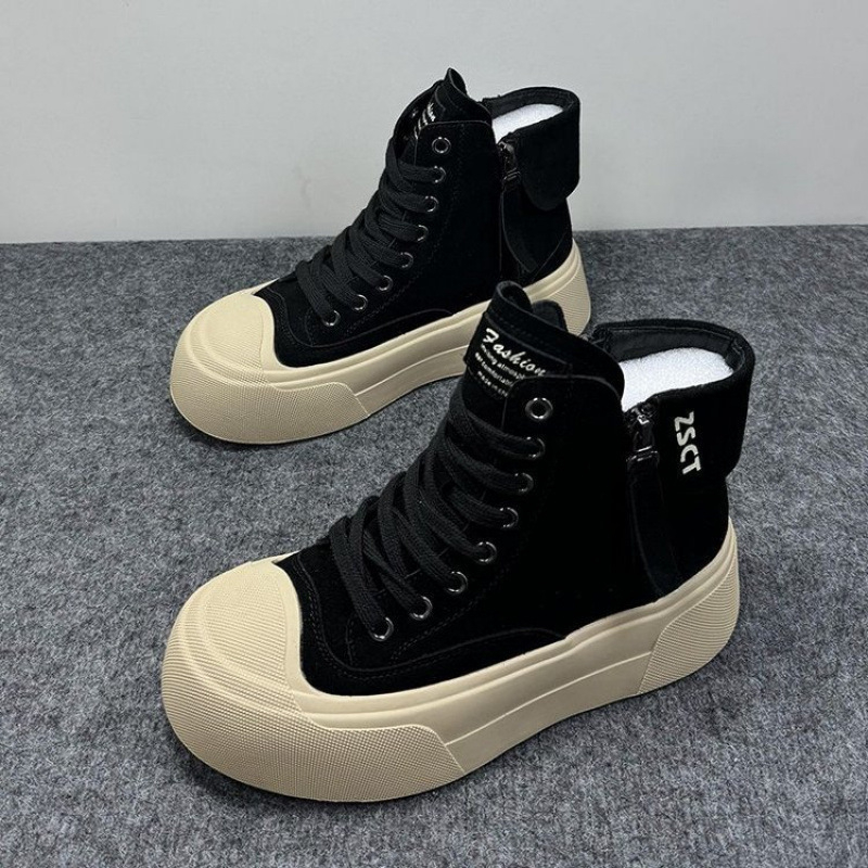Pantofi sport femei înalți cu căptușeală din blană, model color-block, vârf rotund, talpă groasă din cauciuc, branț PU