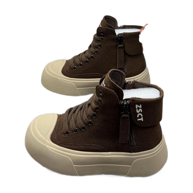 Pantofi sport femei înalți cu căptușeală din blană, model color-block, vârf rotund, talpă groasă din cauciuc, branț PU